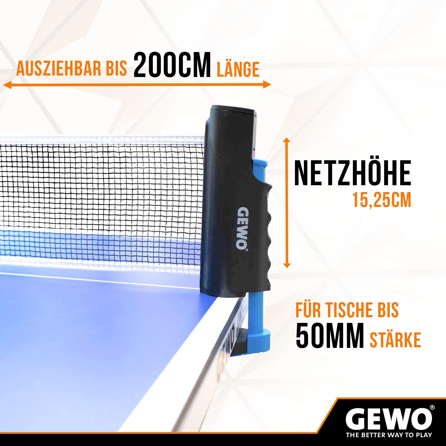 GEWO Table Tennis Net FleXX - Table Tennis Net for Any Table - Adjustable Anti Slip Clamps for Table Tennis Net to Go - Up to 2 m Extendable for Table Thickness up to 5 cm, Net Height 15.25 cm