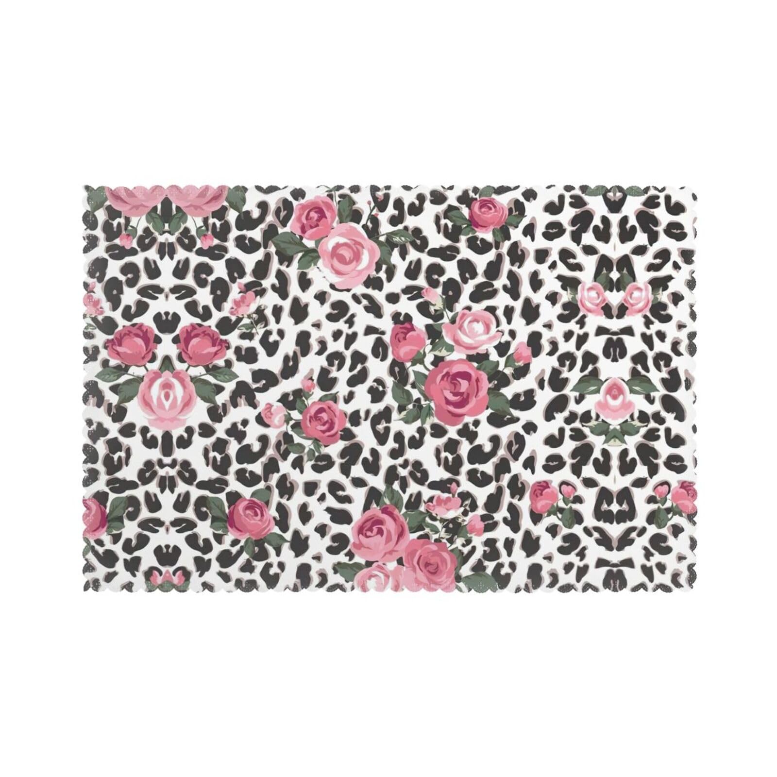 Cute Pink Rose Mix Leopard Pattern Print Placemats Set Of 6, 12x18 Inch Polyester Washable Heat Resistant Kitchen Dining Table Mats