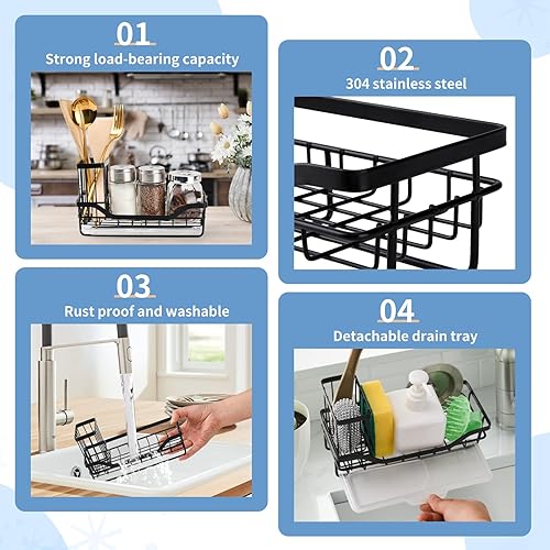 Miniatura 7 de AJHMGJGO Soporte de esponja para fregadero de cocina, organizador de fregadero de cocina con bandeja de drenaje extraíble y soporte de cepillo alto,