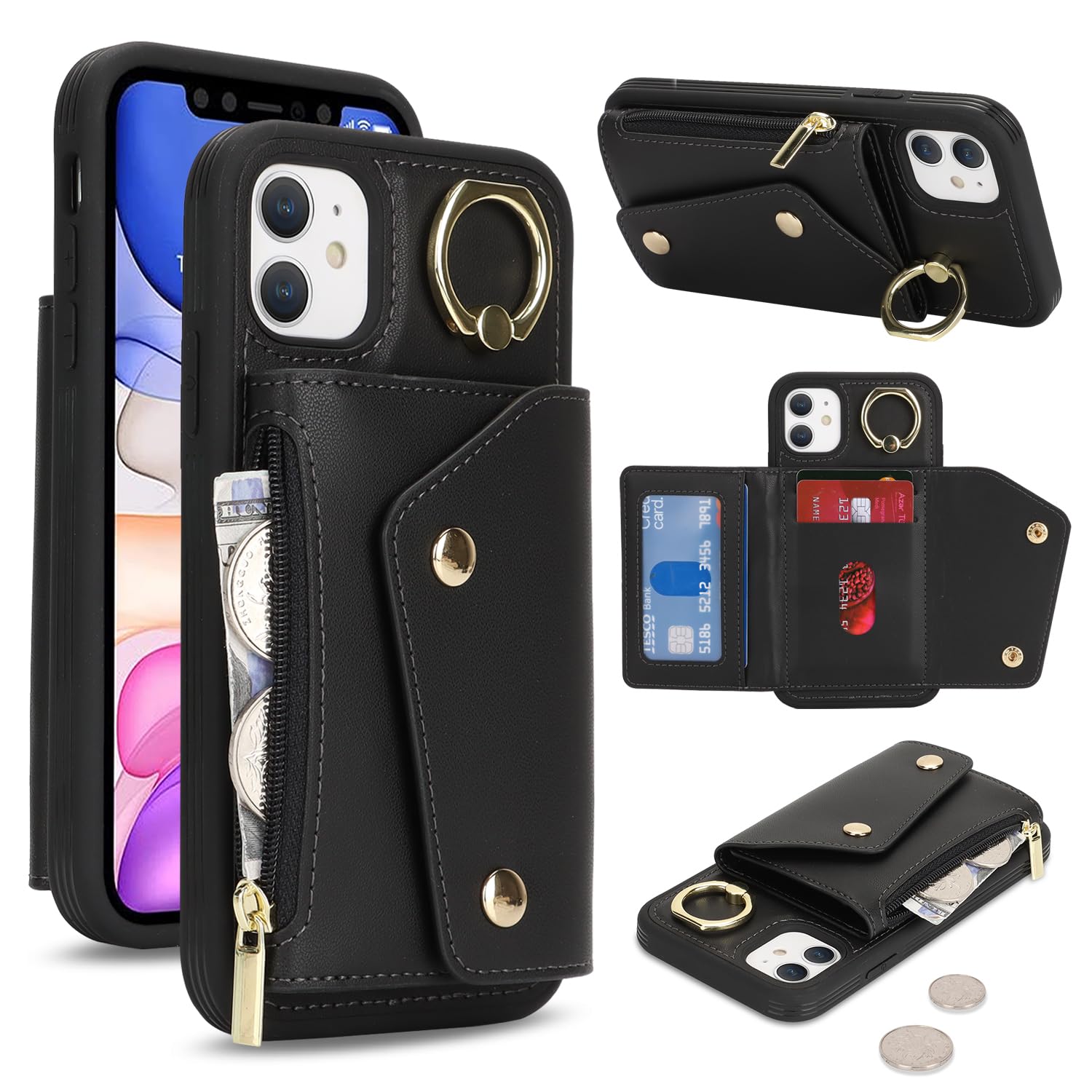 for iPhone 11 ケース アイホン 11 背面フリップ 手帳型 360°回転 携帯カバー Case SunYoo for iPhone11 ICカード コインポケット ストラップ付き カード 収納 小銭入れ ファスナーポケット付き ブラック