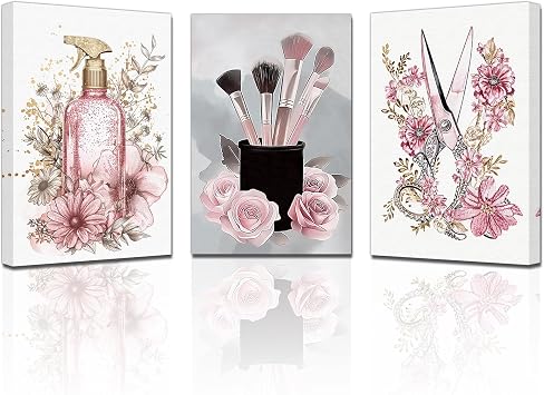 PBXBJY Hair Salon Canvas Wall Art Fashion Haircut Tools Poster Prints Gold Pink Scissors Flower Painting Hairdressing Artwork for Beauty Salon Barbershop Decor 12.00" x 16.00" x 3PCS