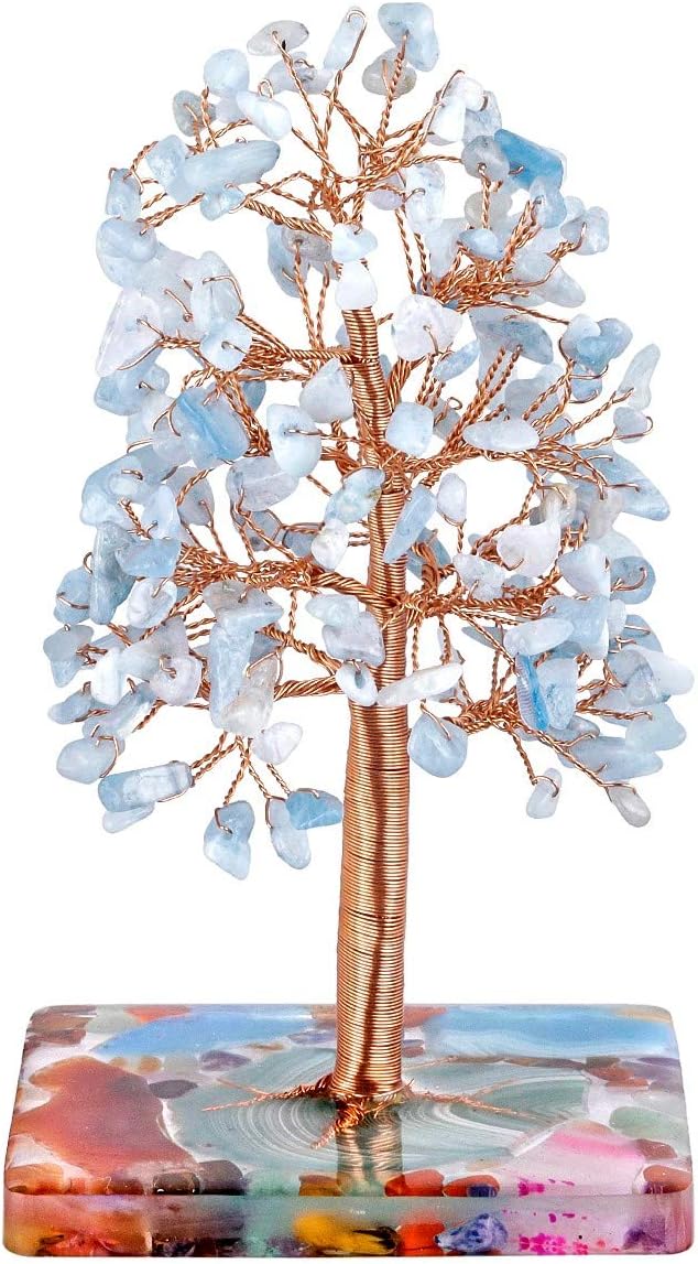 rockcloud Aquamarine Natural Healing Crystal Tree Decoarations for Home Office, Copper Wrapped Tree of Life Bonsai Feng Shui Money Tree for Wealth and Luck