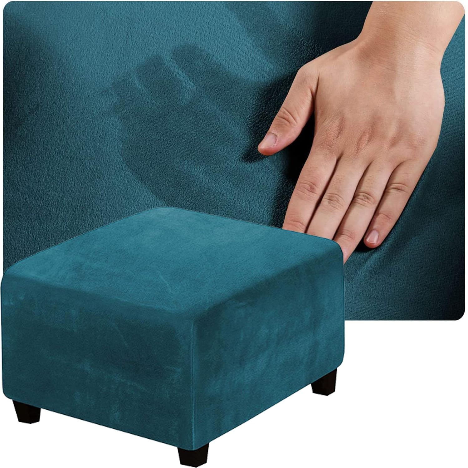 Housse pouf extensible bleu turquoise 75cm protège repose-pieds