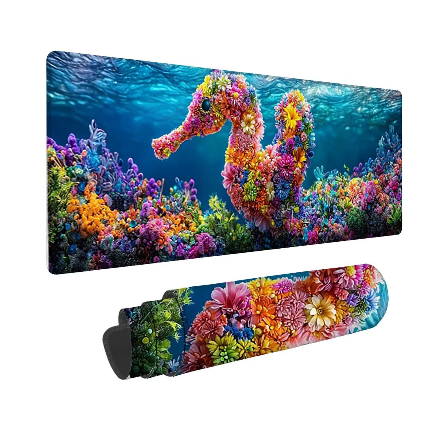 Podkładka pod mysz do gier XXL duża mysz 1200 x 500 mm, duża podkładka pod biurko z antypoślizgową gumową podstawą dla graczy, poprawia precyzję i szybkość (kwiaty konika morskiego) o-369