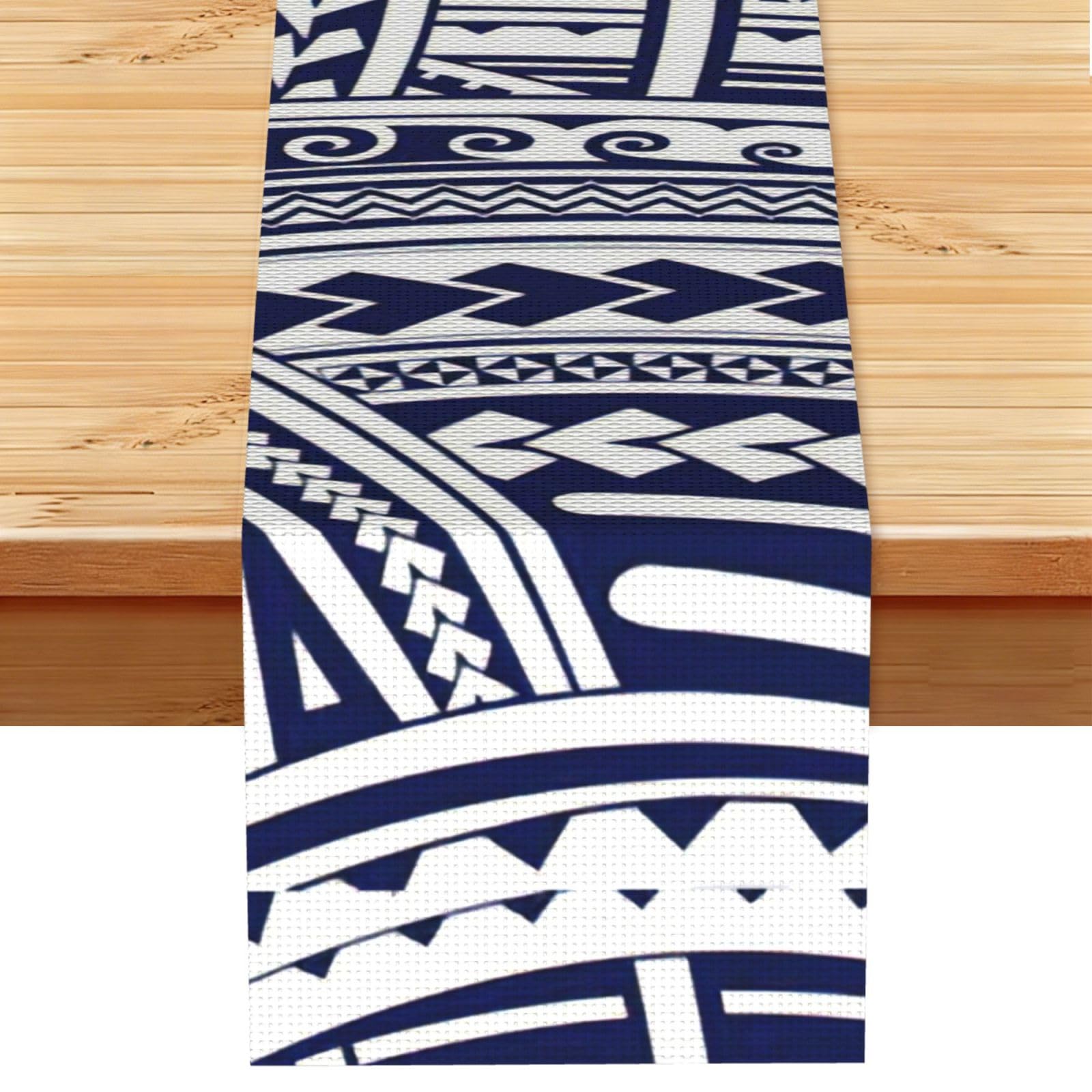 Yyoretp Black Blue Polynesian Maori Tribal Pattern Print Table Runner For Home Hotel Dining Kitchen Party Indoor Outdoor Decor,13X72 Inch