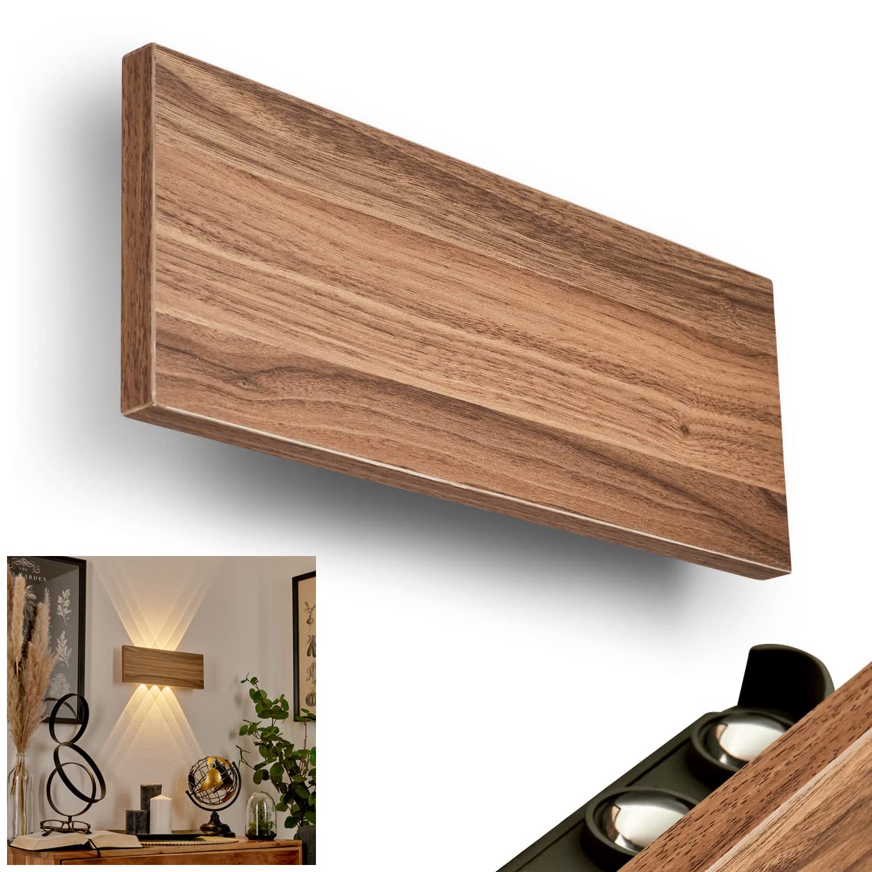 Lampada da parete a LED Blandford, lampada da parete in metallo/legno in grigio/naturale, angolare con effetto up&down sulla parete, lunghezza 32 cm, 3000 K, 500 lumen, LED 6,5 Watt
