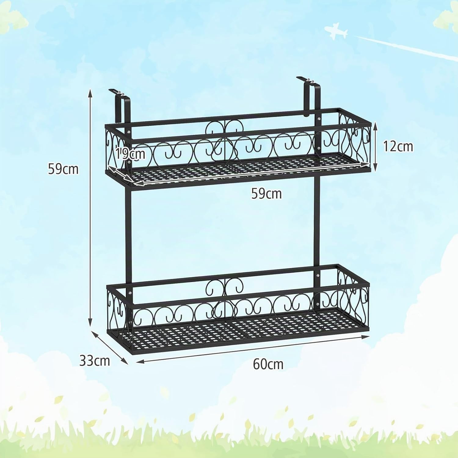RELAX4LIFE Soporte Vertical para Macetas para Balcón de 2 Niveles con Gancho Ajustable, Estantería Colgante de Metal para Terraza, Jardín, Balcón, Patio, Negro