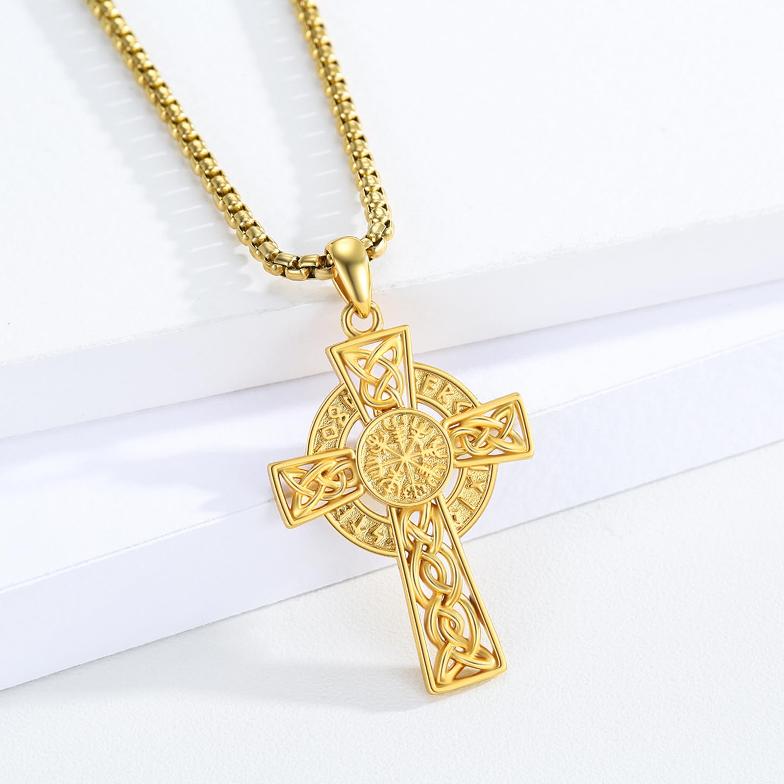 REDSUN Collier en argent sterling 925 plaqué or - Croix celtique Vegvisir avec chaîne - Amulette nordique - Cadeau pour homme, femme, garçon, petite amie - Unisexe
