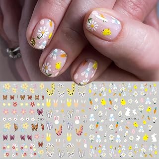 6Sheets Easter Nail Art Stickers Decals Cute Bunny Flower Designs 3D Self-Adhesive Nail Decals Spring Nail Decorations Floral Daisy Butterfly DIY Nail Supplies Easter Nail Accessories for Women Kids