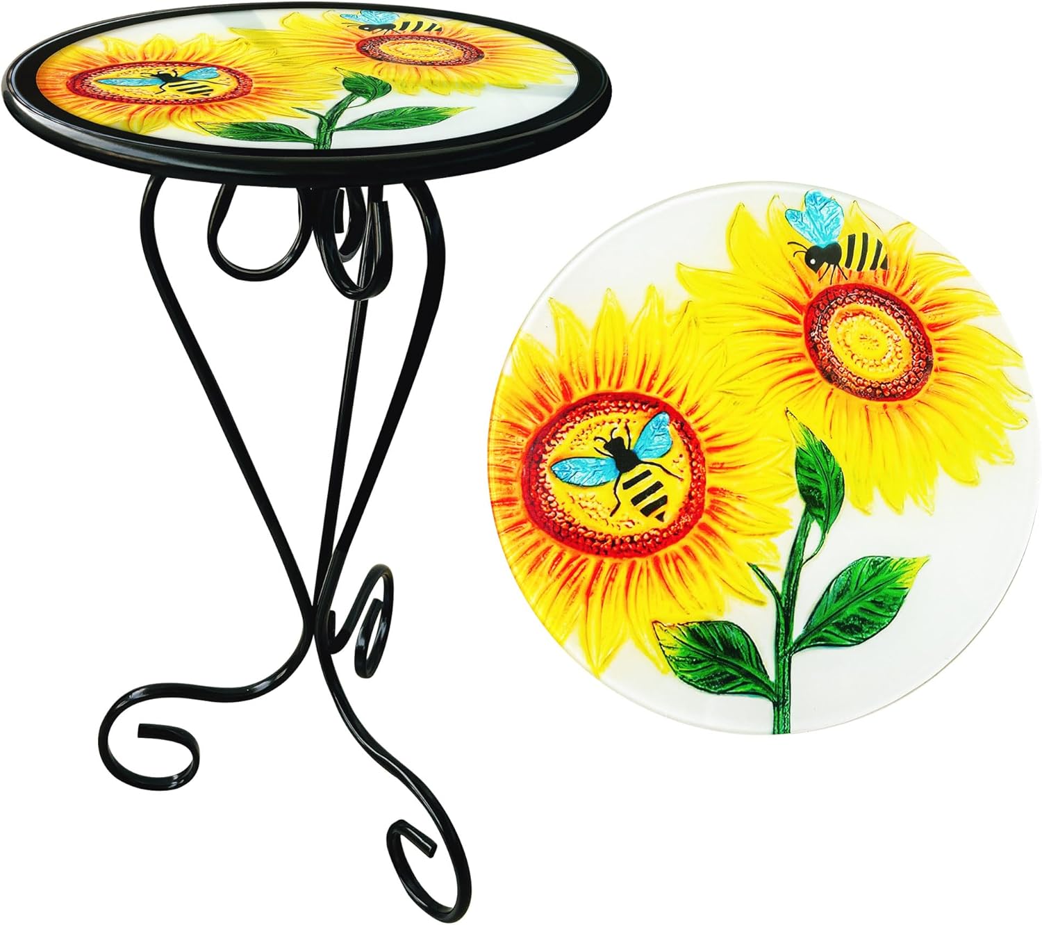 12 Inch Valentine Outdoor Side Table, Round Patio Accent Indoor End Table with Glass Top & Metal Base for Living Room, Office, Balcony, Bee Sunflower Indoor Furniture Decor(20" Height)