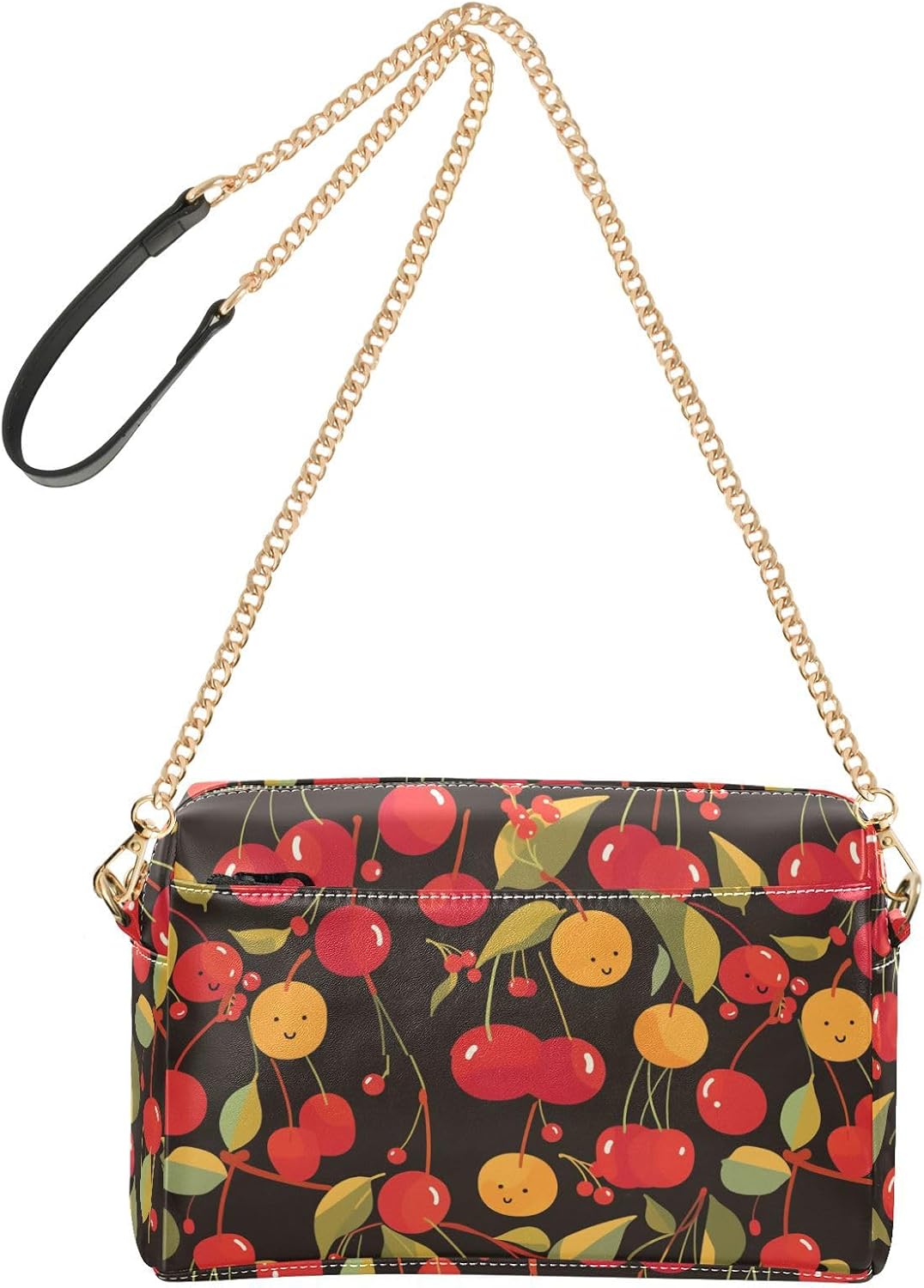 KLL Cartoon Cute Cherry Doodles Art Black Background Fashion Crossbody Small Bags For Women Vegan Leather Purse For Teens Waterproof Shoulder Handbags