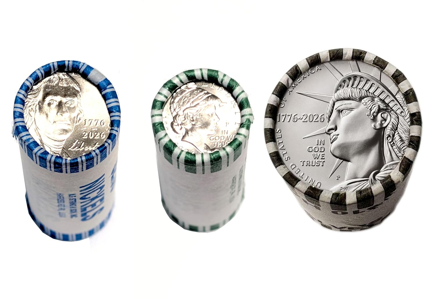 2026 P Mint 3 Roll Set - Nickel, Dime, and Half Dollar - 1776-2026 Dual Date Semiquincentennial Coinage Philadelphia (P) Mint Uncirculated