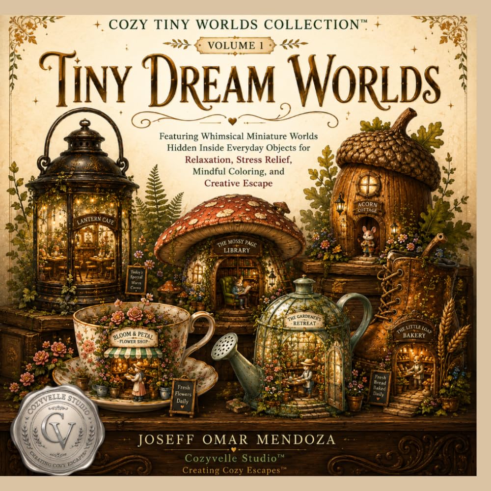 Tiny Dream Worlds: Bold & Easy Coloring Book Featuring Whimsical Miniature Worlds Hidden Inside Everyday Objects for Relaxation, Stress Relief, ... Creative Escape (Cozy Tiny Worlds Collection)