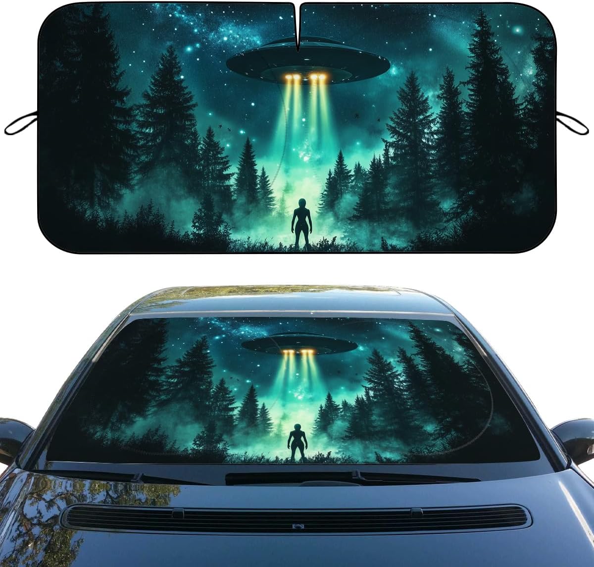 UFO Car Windshield Sunshades Alien Forest Night Sky Space Galaxy Lights Front Window Sun Shade Rays Sun Shade Visor Protector for Car Sedan Truck SUV Accessories 59" X 31"