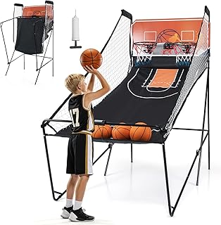 Goplus Foldable Dual Shot Basketball Arcade Game, Electronic Basketball Hoop w/LCD Scoreboard, 8 Game Modes, 4 Balls, Indoor Outdoor Basketball Game Machine for Adults (Orange)