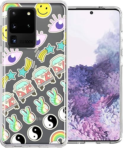 Mundaze - Para Samsung Galaxy S20 Ultra 70's Yin Yang Hippie Happy Peace Stars Design Case Slim Hybrid a prueba de golpes Carcasa rígida TPU suave