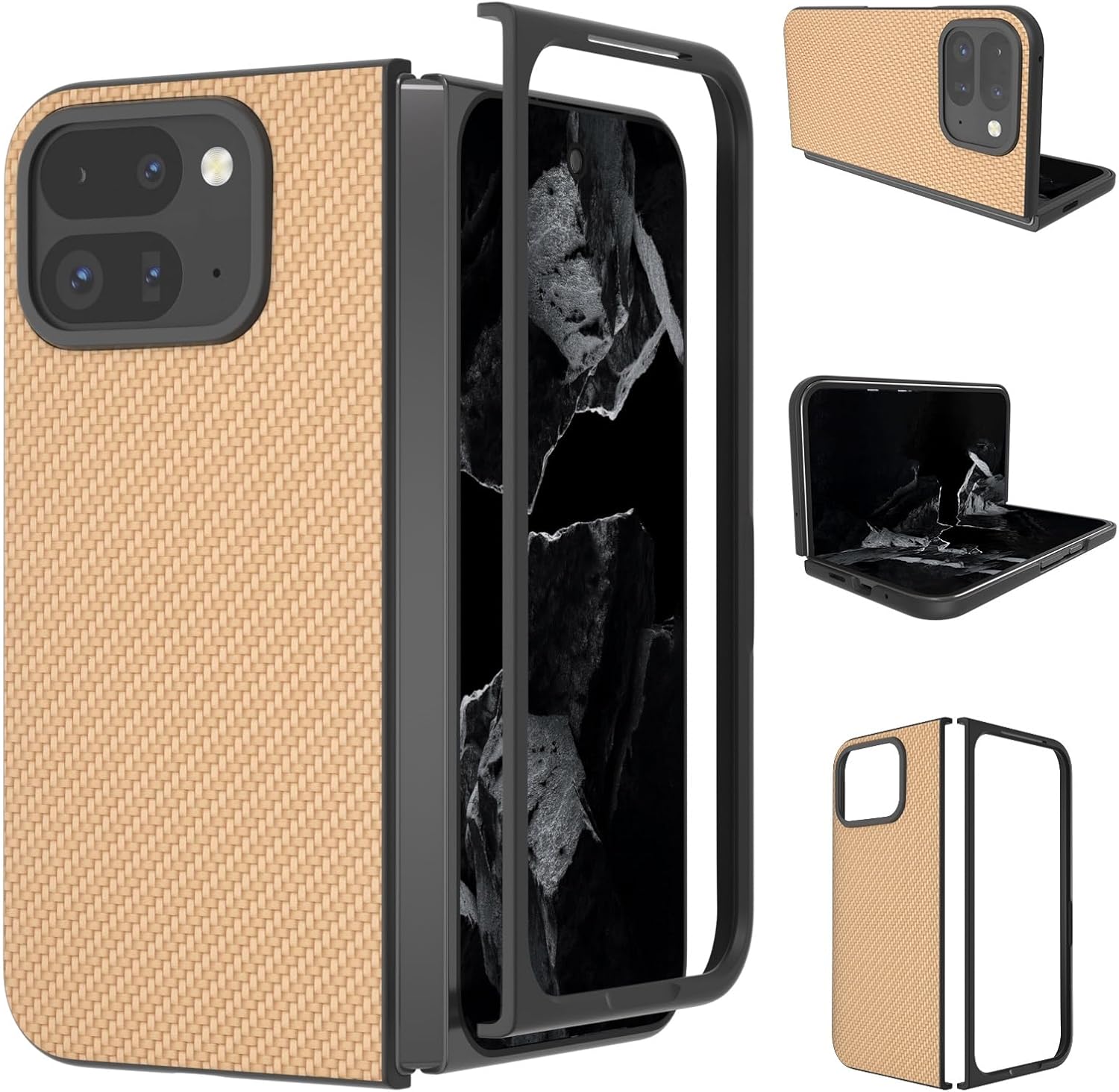 Case for Google Pixel 9 Pro Fold Leather Case, Carbon Fiber Texture Hard Back Cover Protective Phone Case Slim Fold Case Protective Shockproof Case for Google Pixel 9 Pro Fold(Khaki)