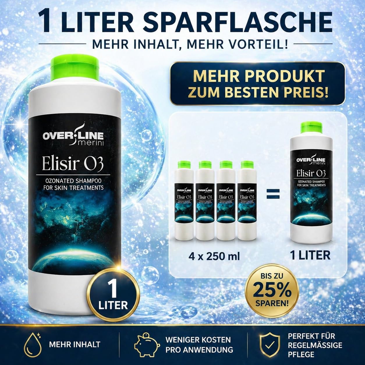OVER LINE MERINI | Hundeshampoo mit Ozon 1 Liter – Milde Reinigung für empfindliche Haut – Unterstützt bei Juckreiz und Hautirritationen – Für die regelmäßige Anwendung geeignet