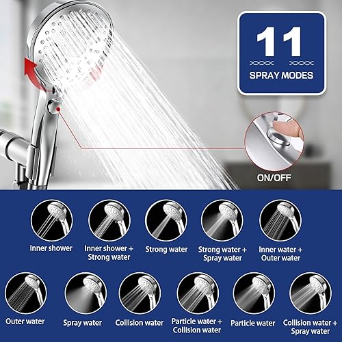Miniatura 4 de Cabezal de ducha de mano de alta presión, 11 ajustes de pulverización, interruptor de pausa de 4.85 pulgadas, cabezal de ducha de baño extraíble de