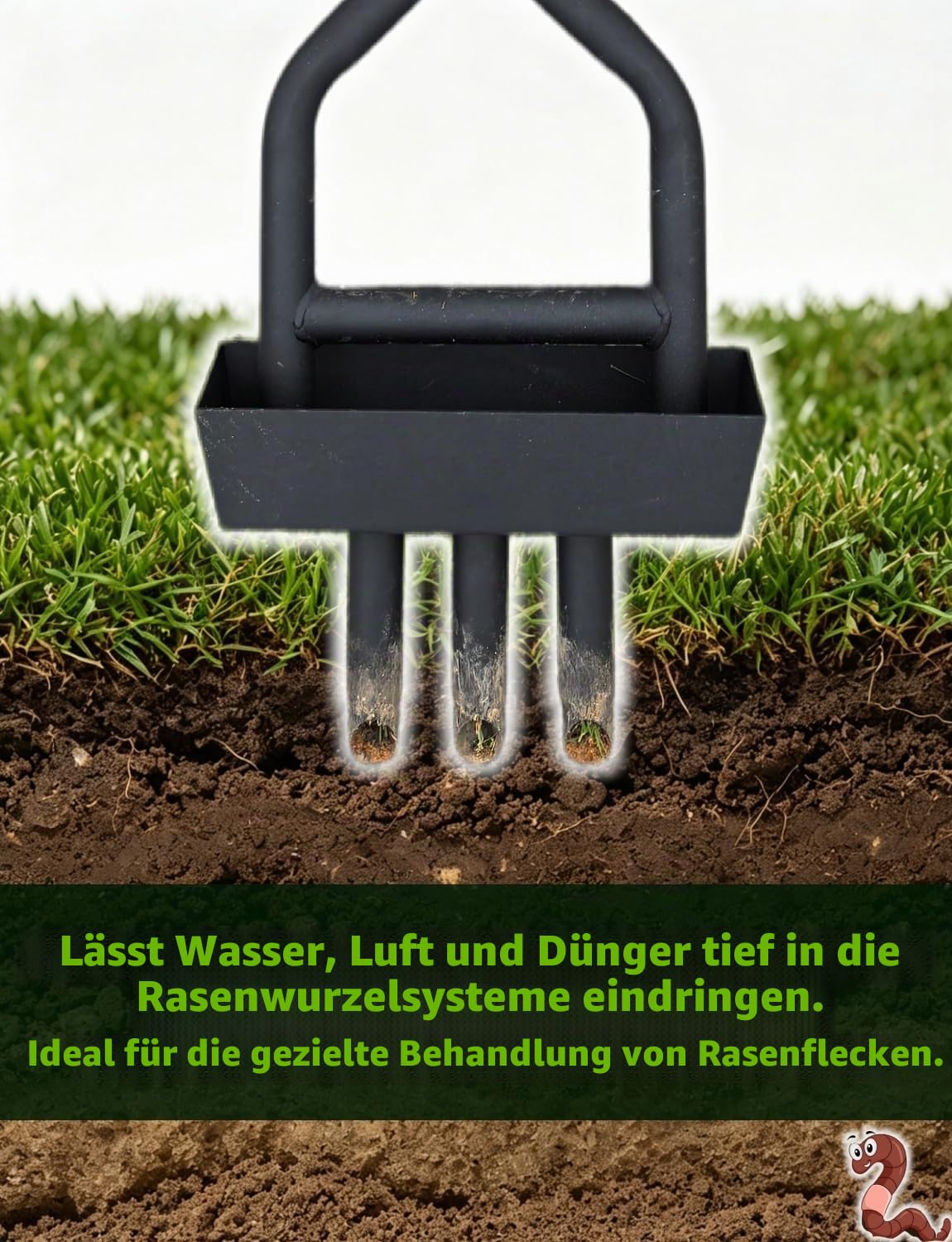 Manueller Rasenbelüfter mit 3 Hohlspoon-Zinken & Auffangrahmen schwarz, 99cm Länge & 21.5cm Breite, Aerifizierer für verdichtete Rasenflächen im Garten