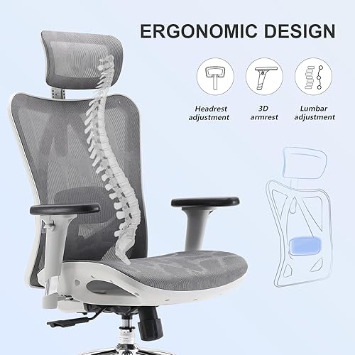 Miniatura 5 de SIHOO M57 Silla ergonómica de oficina con reposabrazos de 3 vías, soporte lumbar y reposacabezas ajustable, función de inclinación de respaldo alto,
