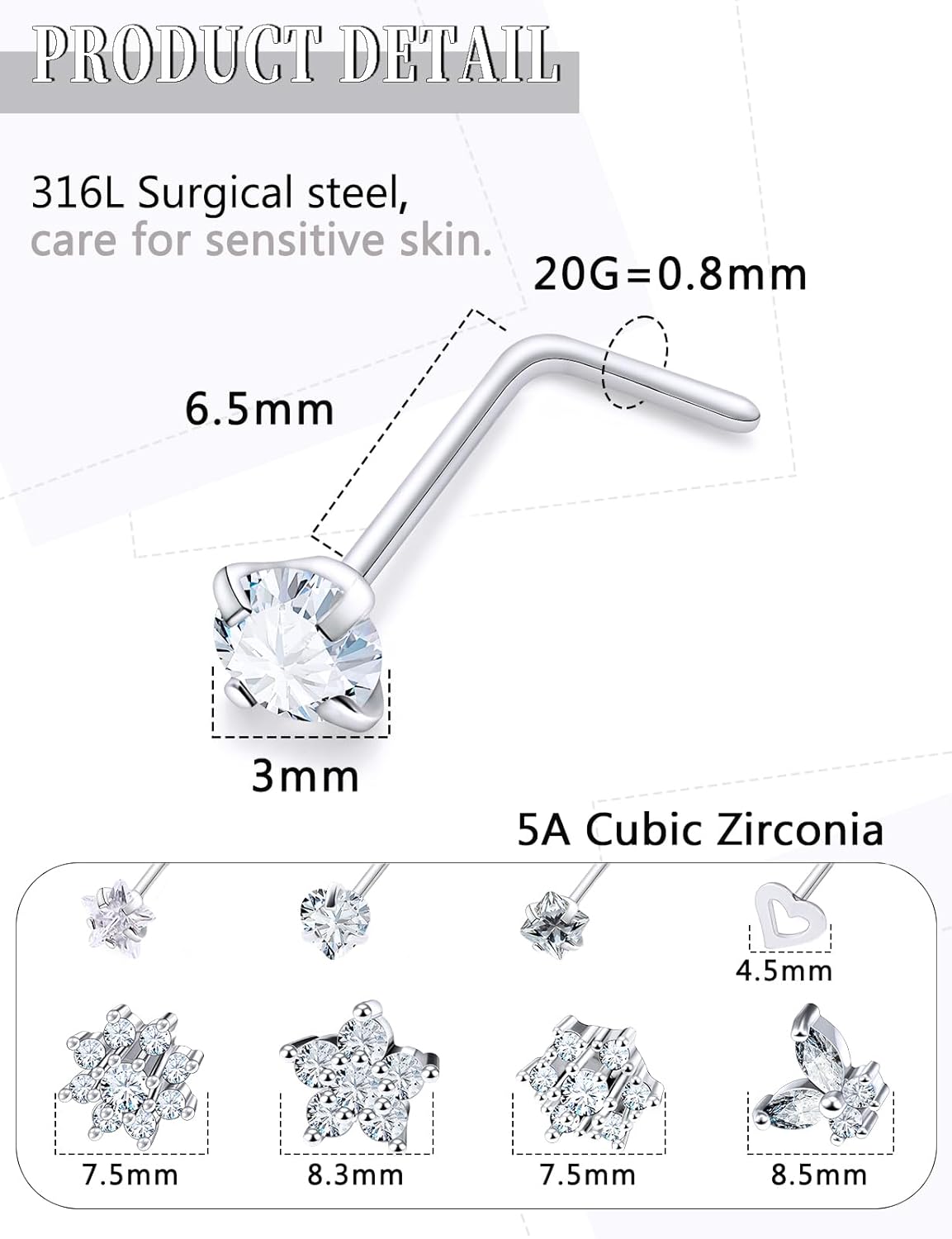 14K Gold Filled 20G Nose Rings Studs Piercing Jewelry For Women Men 316L Surgical Steel Flower Butterfly Cubic Zirconia Nose Rings Studs Nostrial Piercing Jewelry For Women Men Clear Pink CZ - Image 2