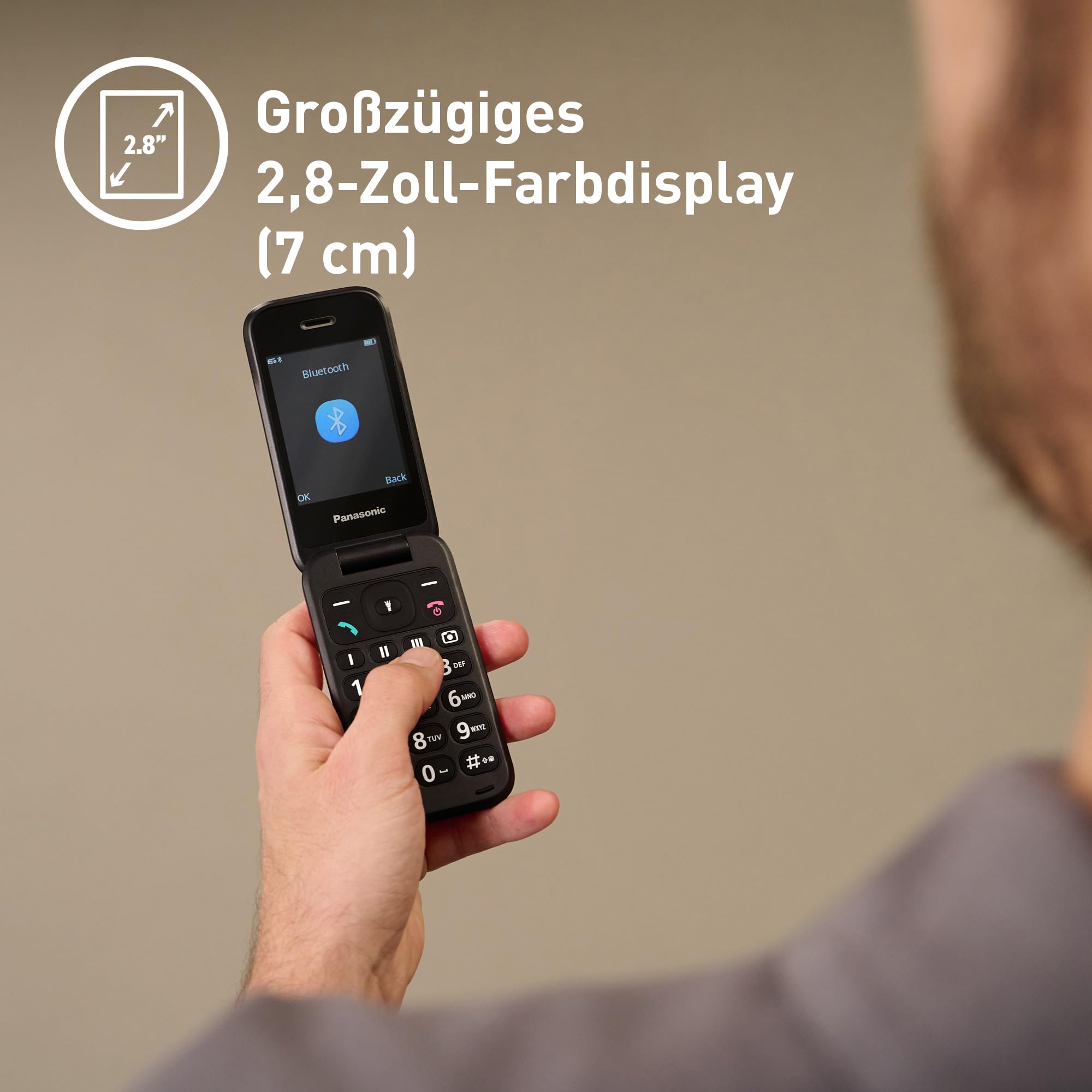 Panasonic KX-TF600 4G Easy Phone, Volte Klare Anrufe, 290 Stunden Standby, USB-C Schnellladung, 2,8" Display, Bluetooth, LED Taschenlampe, IP44 Wasserdicht, Beleuchtete Tasten, Schwarz