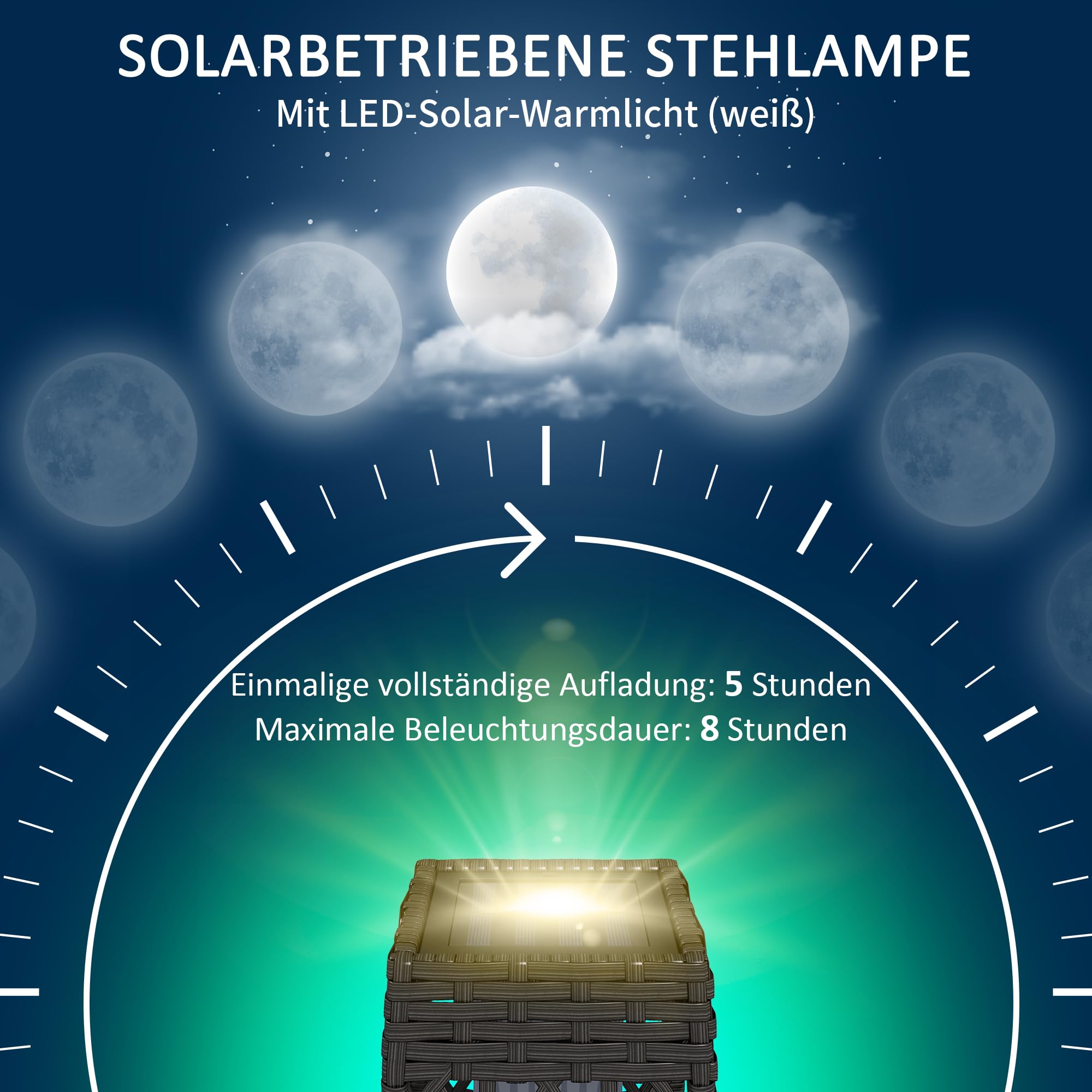 Outsunny Lampa solarna rattanowa z czujnikiem zmierzchu LED IP44 szara | Ładowalna, wodoodporna lampa zewn., anty-UV latarnia solar., do ogrodu, balkonu, trawnika, podwórka, ścieżki