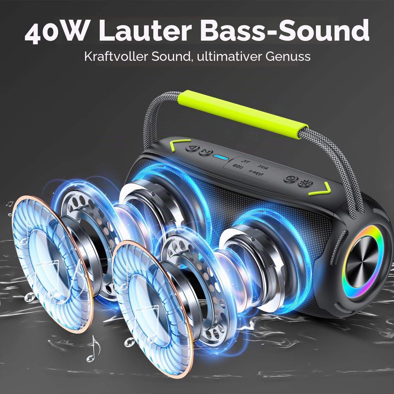 IKT Bluetooth Lautsprecher mit Tragegriff, 40W Musikbox Bluetooth Box mit Dualen Bass-Treibern, IPX7 Wasserdicht, RGB Lichter, TWS Kopplung, AUX, TF Karte, Geeignet Party/Outdoor/Reisen, Schwarz