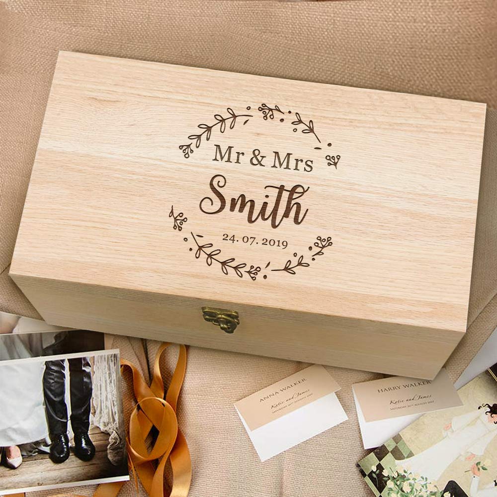 EDSG Personalised Wedding Memory Boxes Keepsake Engraved Beech Wood Box for Newlywed Bride Groom Bridesmaid Groomsman Best Man Wedding Gift for Couples （Garland）
