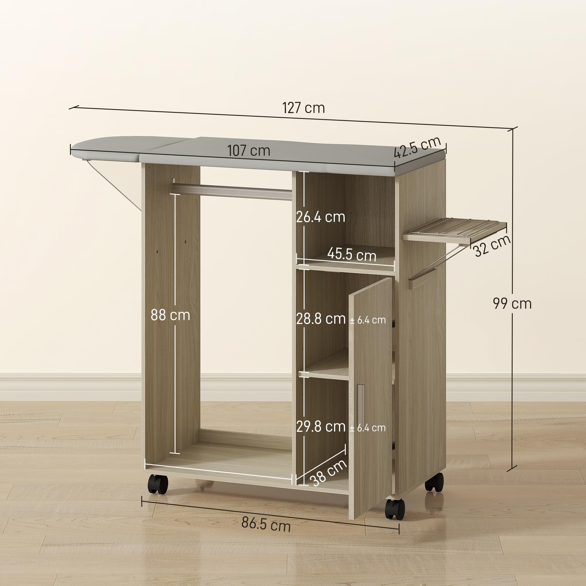 HOMCOM Table à Repasser Pliable avec roulettes à Frein et Porte-Fer à Repasser, Meuble à Repasser Multifonctionnel avec Barre à cintres, étagères réglables, pour buanderie, Salle de Bain, 127 x 42,5