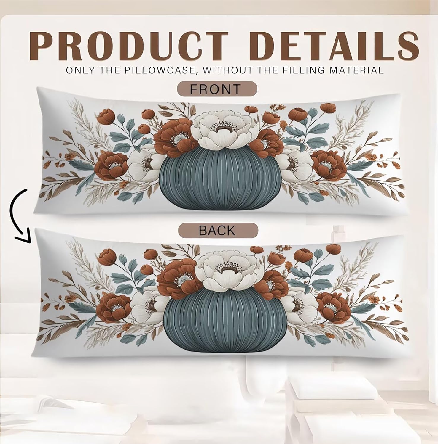 Body Pillow Cover 20x48, Side Sleeper Pillow Flower, Northern Europe Pattern Design, Super Soft Velvet Bed Pillows Decorative, Farmhouse Long Pillowcase with Zipper for Bed Couch Home Decor, Model408