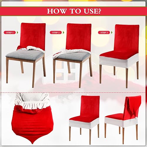 Miniatura 5 de Preboun 2 fundas de terciopelo para sillas de comedor con sombrero de Papá Noel, decoración divertida para bodas, fiestas, tela de terciopelo sólido