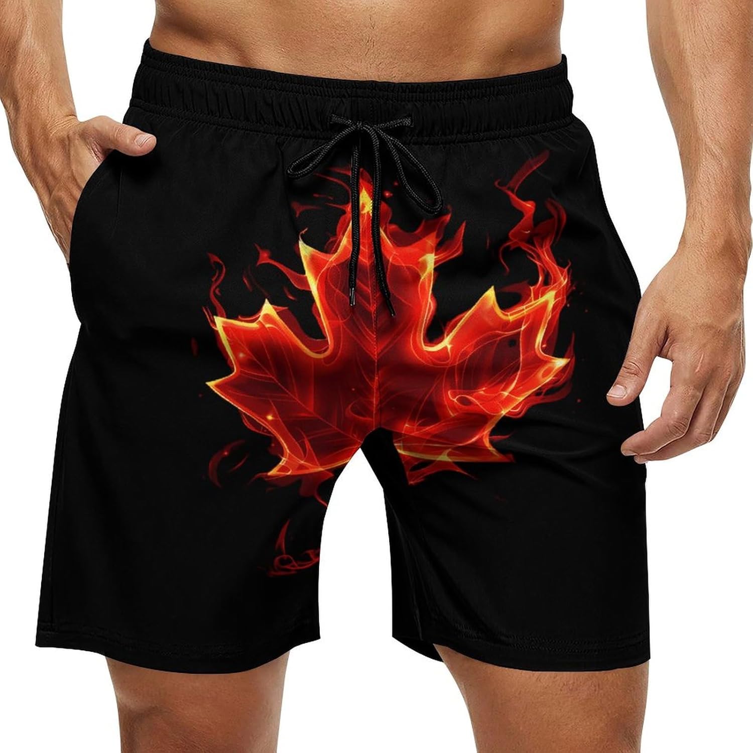 Canada Flag Maple Flame Casual Men's Swim Trunks Novelty Summer Beach Shorts Swimwear with Pocket