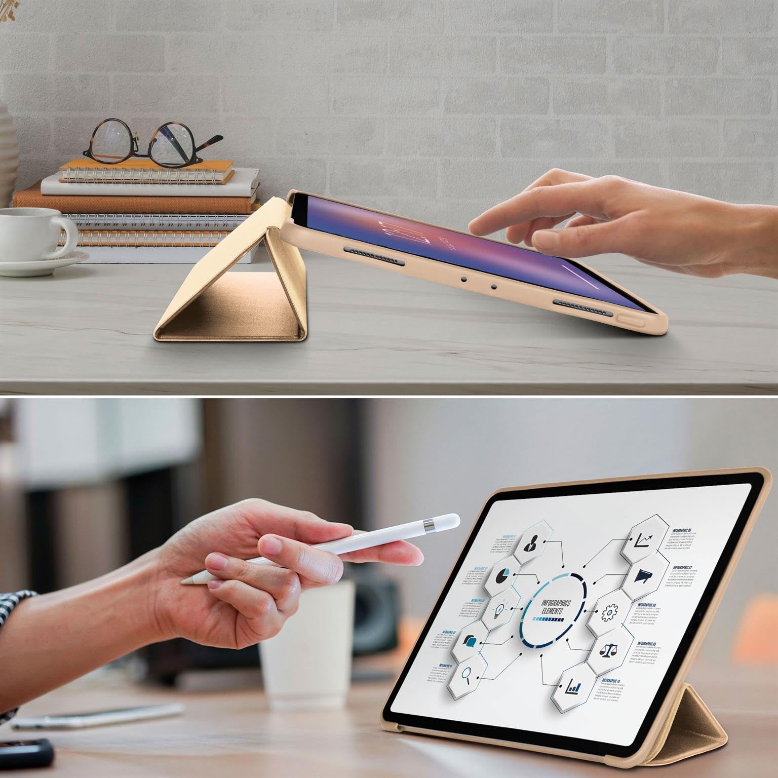 ONEFLOW Hülle für iPad Pro 11 (2018-2022) Schutzhülle ultradünn mit Ständer, Cover mit Auto Schlaf/Wach Funktion, Flip Case mit Magnet Standfunktion, Folio PU Leder Case, Gold