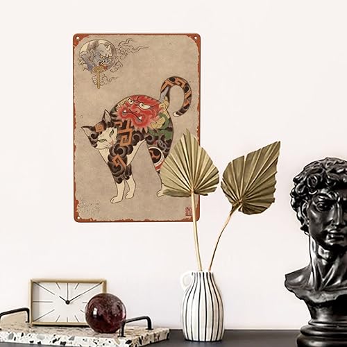 Miniatura 4 de Cartel de metal vintage japonés ninja samurái tatuaje de gato de 5.5 x 8 pulgadas, pared de cocina para el hogar, placa retro para póster mural de