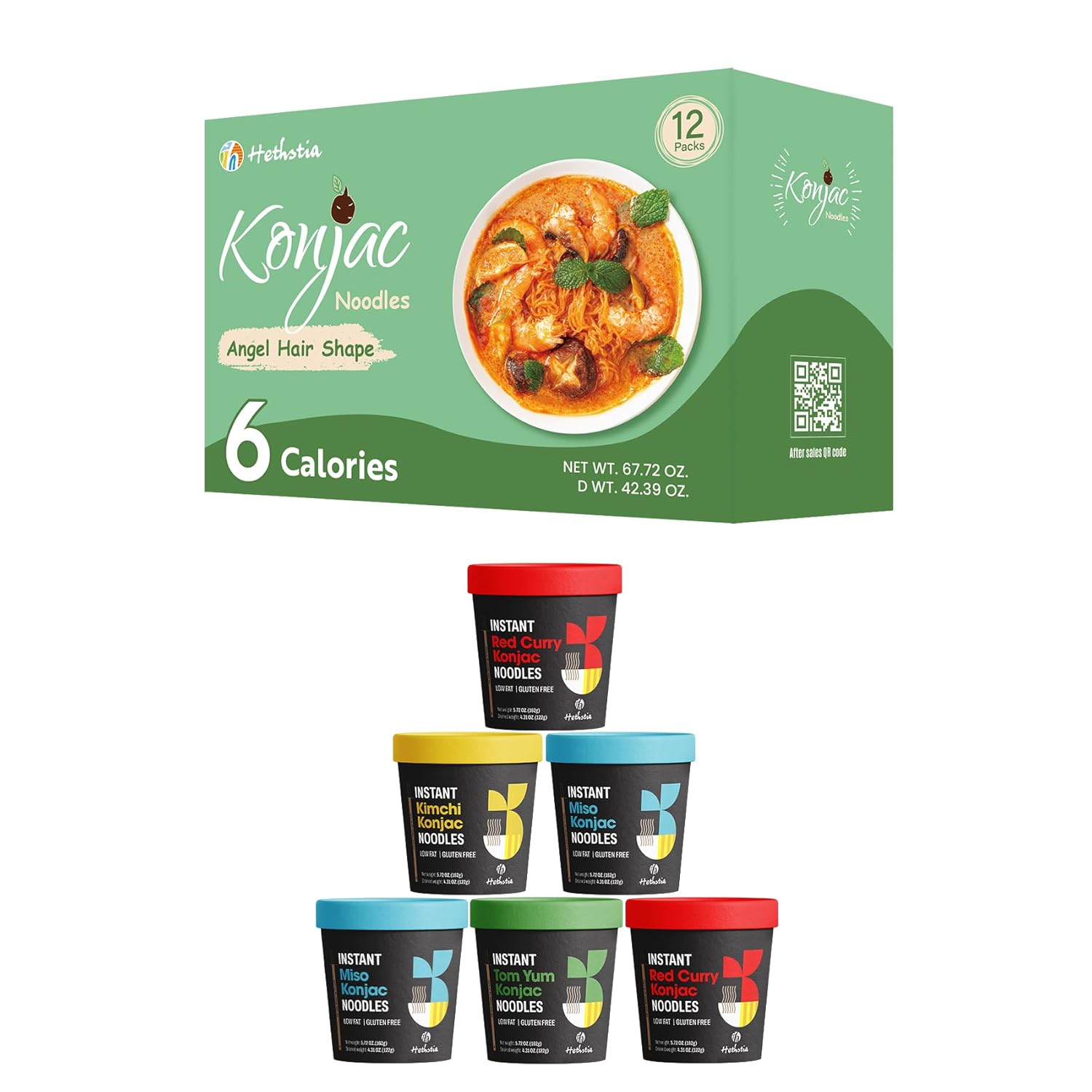 Hethstia Konjac Noodles Variety Soup Cups, 6-Pack (Tom Yum, Red Curry, Kimchi, Miso) & Konjac Angel Hair Pasta, 12-Pack - Low Carb Shirataki Noodles, Gluten-Free, Vegan, Ready-to-Eat