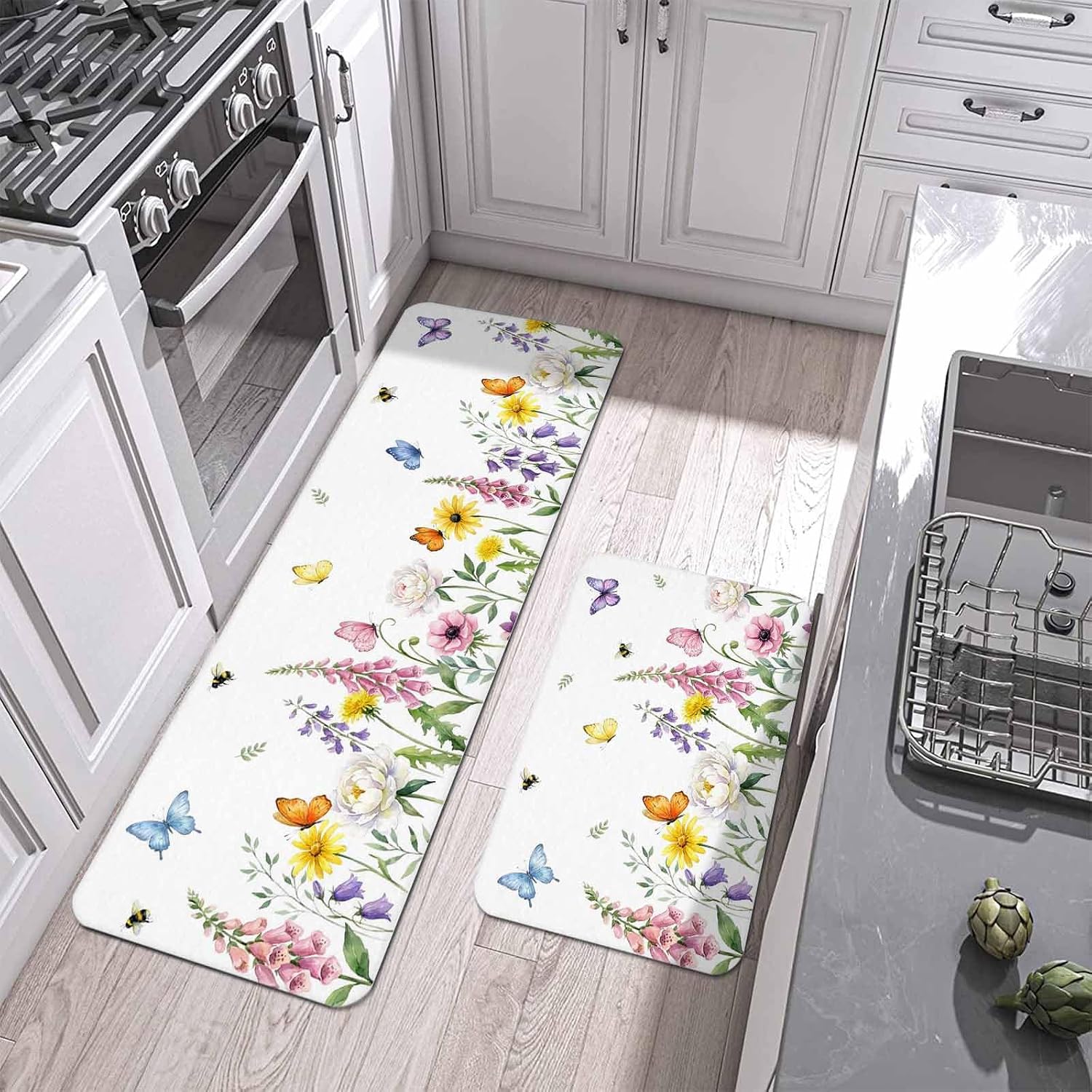 Summer Flower Kitchen Mat Set 2 Pieces Spring Pink Floral Colorful Butterfly Farm Rustic Country Non Slip Kitchen Rugs Washable Runner Rug Mats for Floor Sink Laundry Office 19.7" x 31.5"+19.7" x 63"