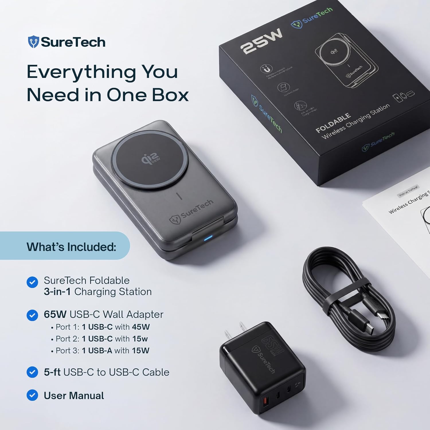 Qi2.2 Certified 3-in-1 Foldable Wireless Charging Station for Apple Devices with 65W Adapter, 25W Fast Charging Dock, Portable Magnetic Charger for iPhone 17-13, Apple Watch Series & AirPods