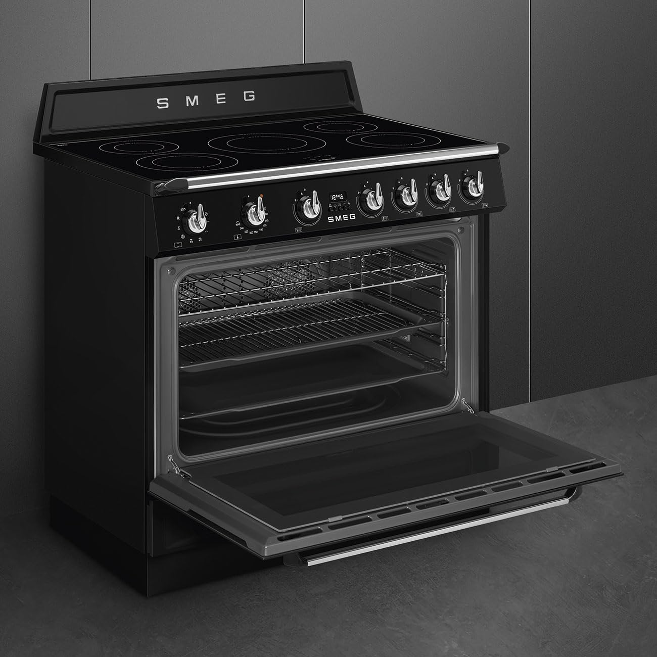 Smeg TR90IMBL - Cocina de acercamiento, línea Vittoria, 90 x 60 cm, placa de inducción, horno eléctrico de 115 litros, color negro brillante, clase energética A