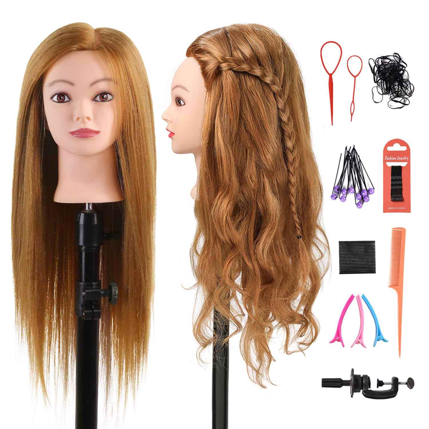SOPHIRE 26"-28" Long Hair Mannequin Head with 80% Real Human Hair, Hairdresser Practice Training Head Cosmetology Manikin Doll Head with 9 Tools and Clamp - Golden, Makeup On