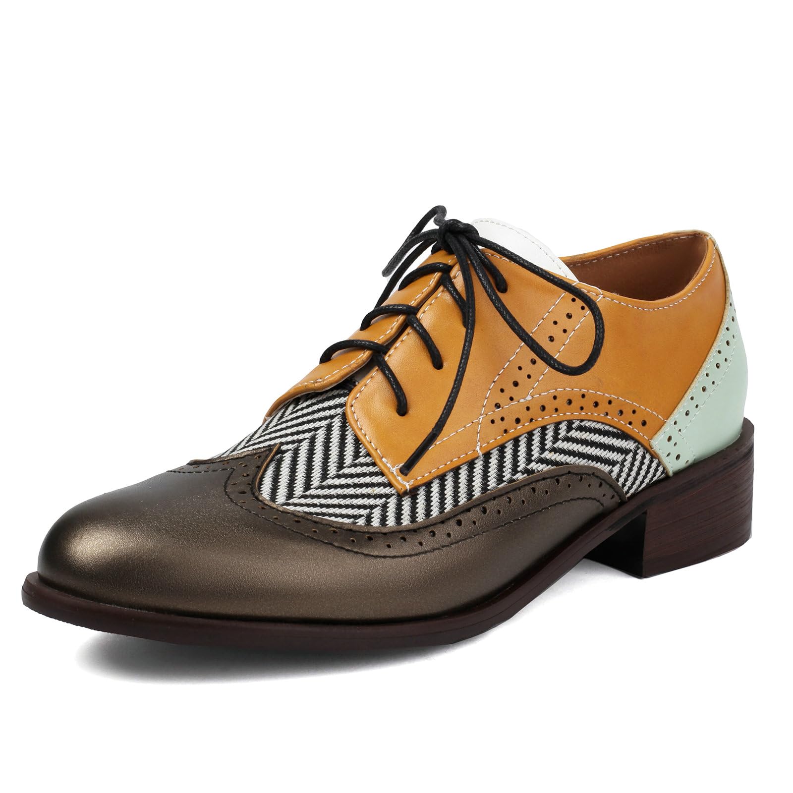 KiutSymo Womens Wingtip Oxford Shoes Lace up Round Toe Oxfords Chunky Heel Vintage Brogue Shoes Office Work Casual