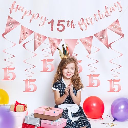 Miniatura 4 de BRT Bearingshui Kit de decoración de cumpleaños número 15 para niñas, serpentinas de banderines de feliz 15 años, pancarta de bandera triangular