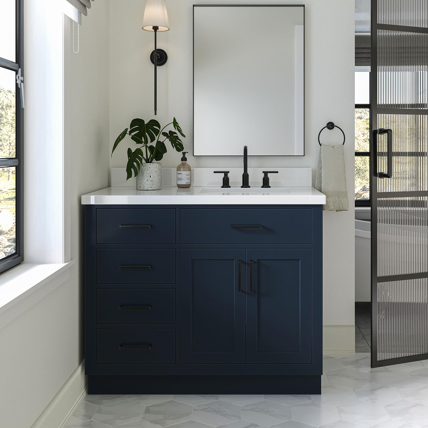 ARIEL 43 inches Midnight Blue Bathroom Vanity, 1.5 inches Edge Pure White Quartz Countertop & Splash, Rectangular Sink, 2 Soft Closing Doors, 5 Full Extension Dovetail Drawers, Toe Kick, Matte Black