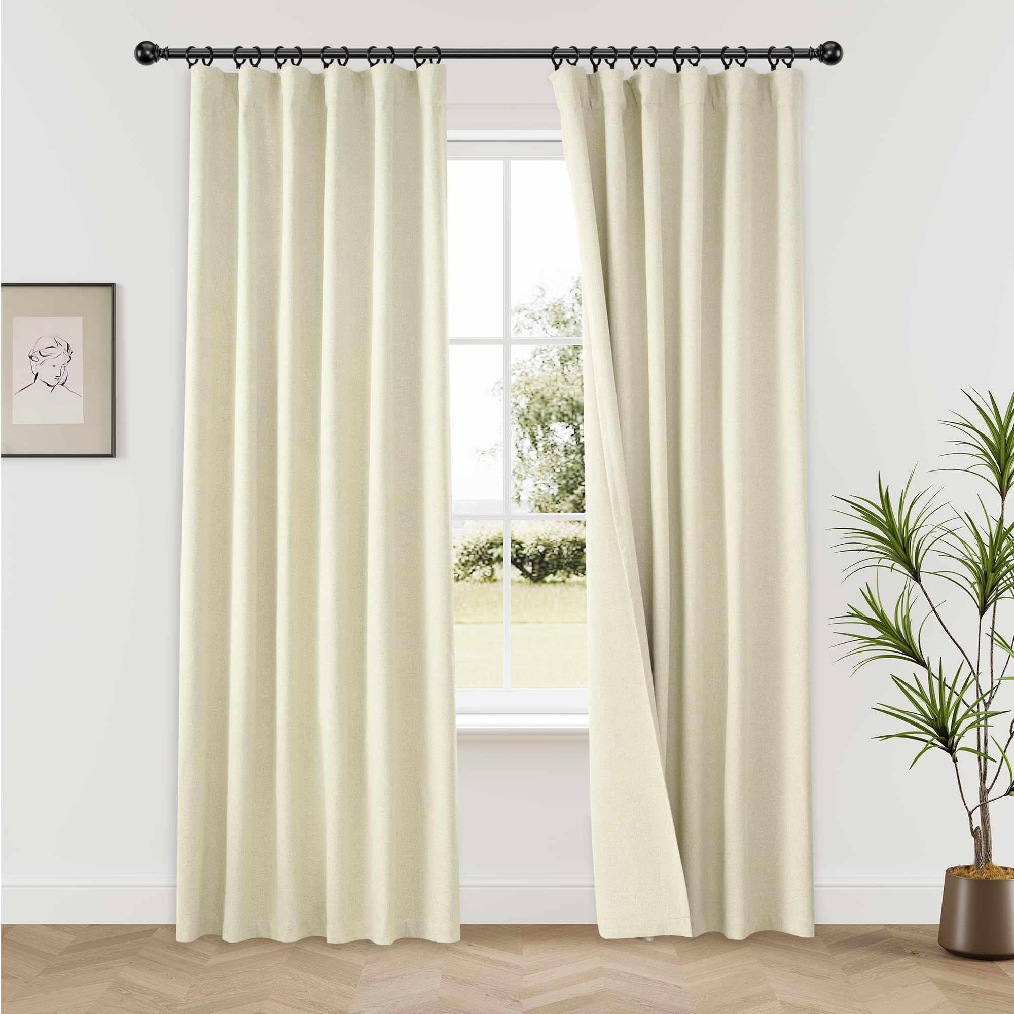 KangBang Ivory Cream Blackout Linen Curtains 84 Inches Long 2 Panels Set, Pinch Pleated Thermal Insulated Drapes Back Tab Baby Sleep Friendly Window