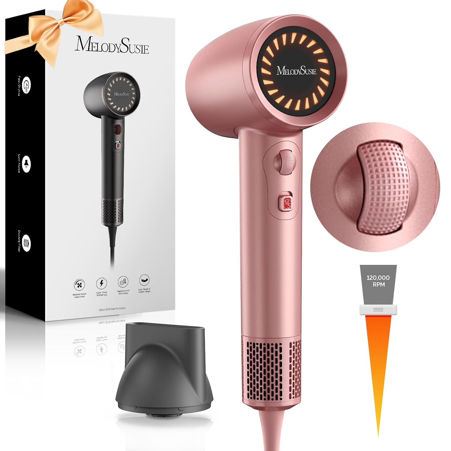 MelodySusie Compact Hair Dryer for Women 120 000RPM 1600W High Speed Fast Drying 3 Heat Stepless Speed Ionic