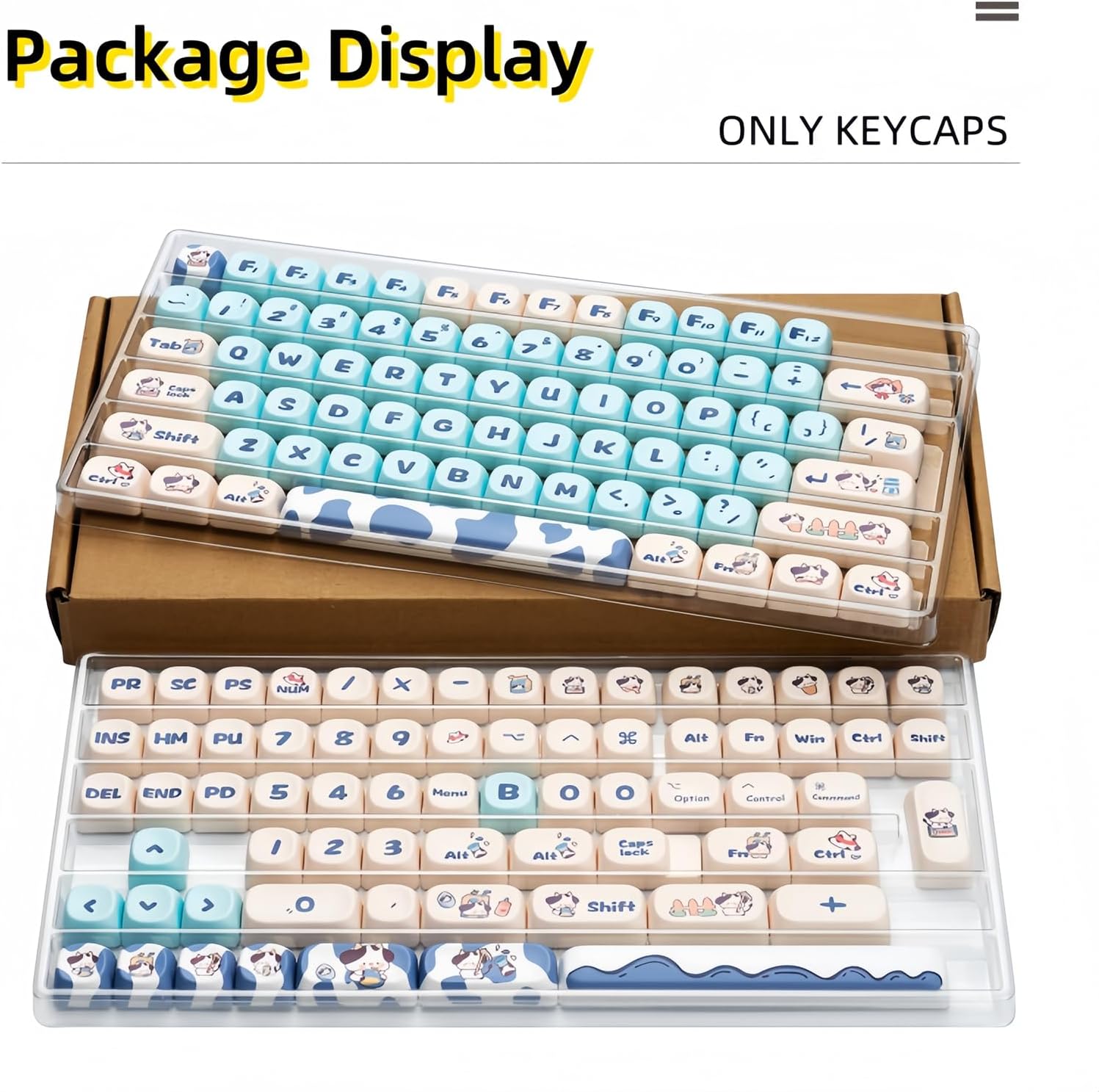 Cute MOA Keycaps,Kawaii Milk-Cow Round Keycap Custom Full Size Keycap Set Dye-Sub Thick PBT Key Cap for Cherry MX Switch 75% 60% Mechanical Gaming Keyboard Creamy Keycaps (142Keys)