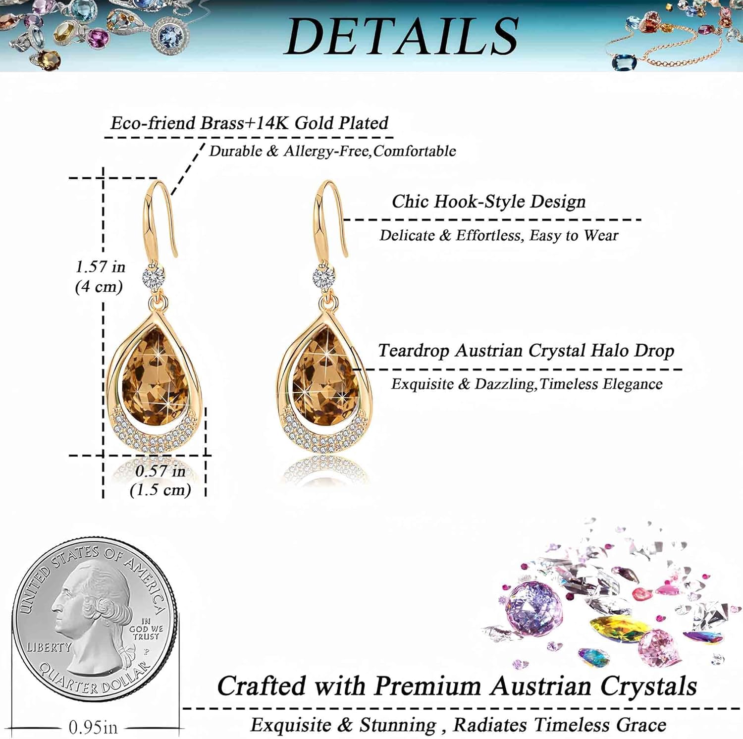 Austrian Crystal Halo Teardrop Hollow Drop Dangle Earrings for Women 14K Rose Gold Plated Hypoallergenic Jewelry Gifts - Image 4