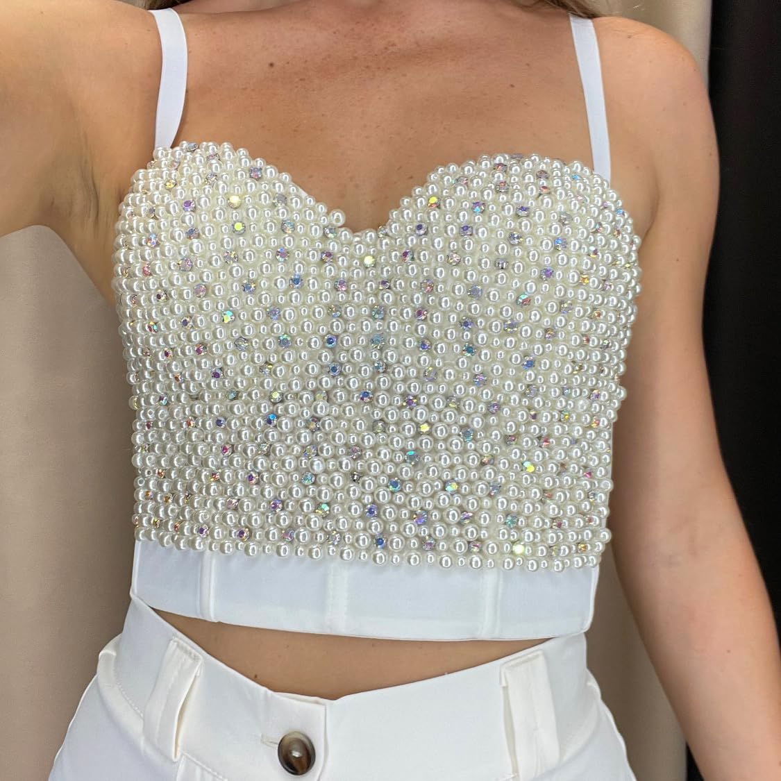 Women's Pearls Bead Bustier Crop Top Wedding Club Party Sexy Corset Top Bra White - Image 5