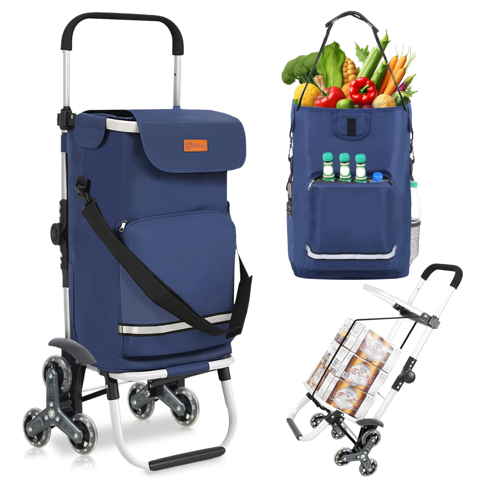 Sekey Chariot de Courses 3 Roues Monte Escalier Pliable 3 en 1, Caddie Isotherme avec Sac Amovible, Diable et Trolley, Grande Capacité, Léger et Solide, Idéal Courses et Seniors – Bleu